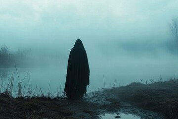 A hooded figure standing in the fog by a lake