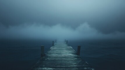 Fototapeta premium Eerie Mystery of an Old Wooden Pier in a Foggy Ocean at Dusk