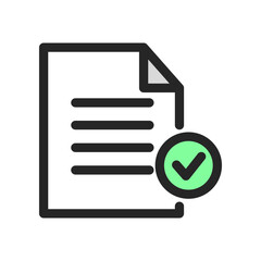 Tick check mark document report icon. Approved paper. Feedback, task, decision, agreement concepts. Colored outline vector design isolated illustration.