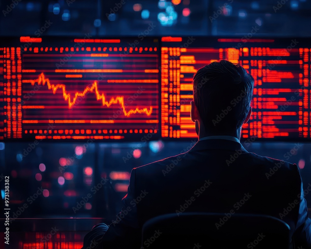 Poster businessman analyzing stock market data on multiple screens in a dark room, showing financial inform