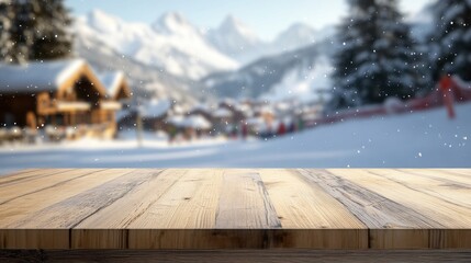 A snowy mountain landscape with a wooden table in the foreground, creating a cozy atmosphere.