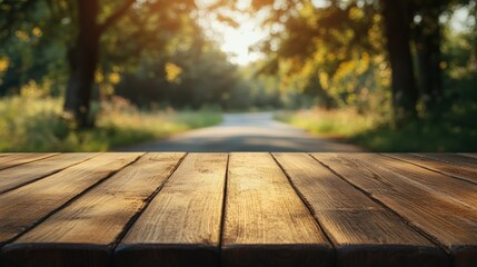 A wooden table in the foreground with a blurred natural landscape in the background.