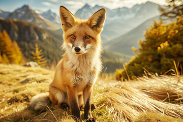 Fototapeta premium Red Fox Sitting on Mountainside With Blurry Mountain Background