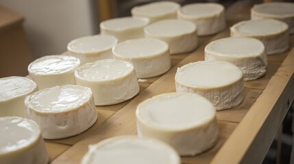 Freshly Made Cheese Rounds on Wooden Shelf
