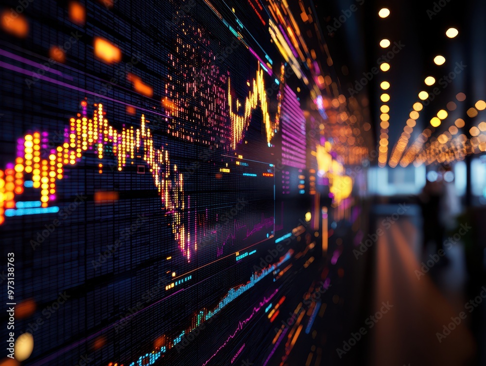 Fototapete close-up of a digital stock market display with colorful data visualization, symbolizing financial g