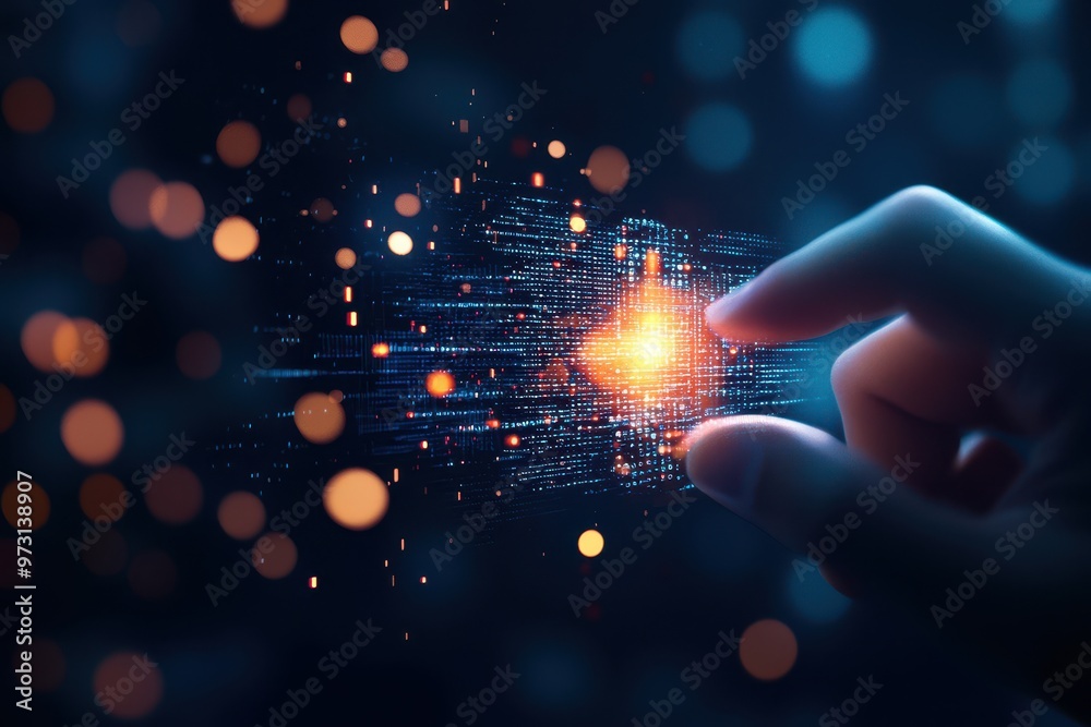 Aufkleber Close-up of a hand interacting with a glowing digital interface, illustrating futuristic technology and innovation in a vibrant, abstract setting.