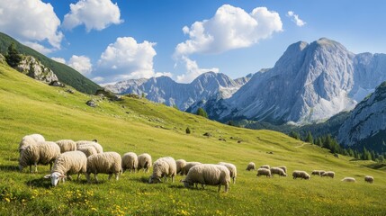 Obraz premium Serene Mountain Landscape with Grazing Sheep