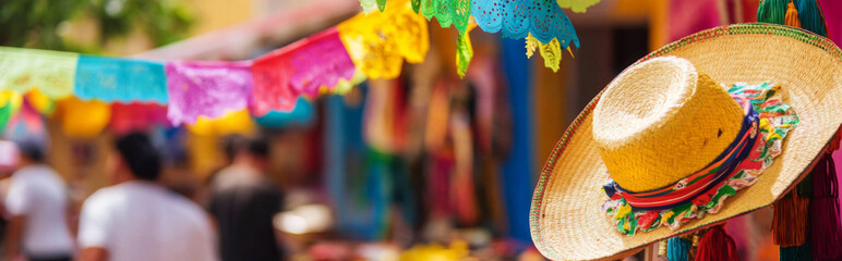 Colorful national hispanic heritage month market street with traditional decorations and people