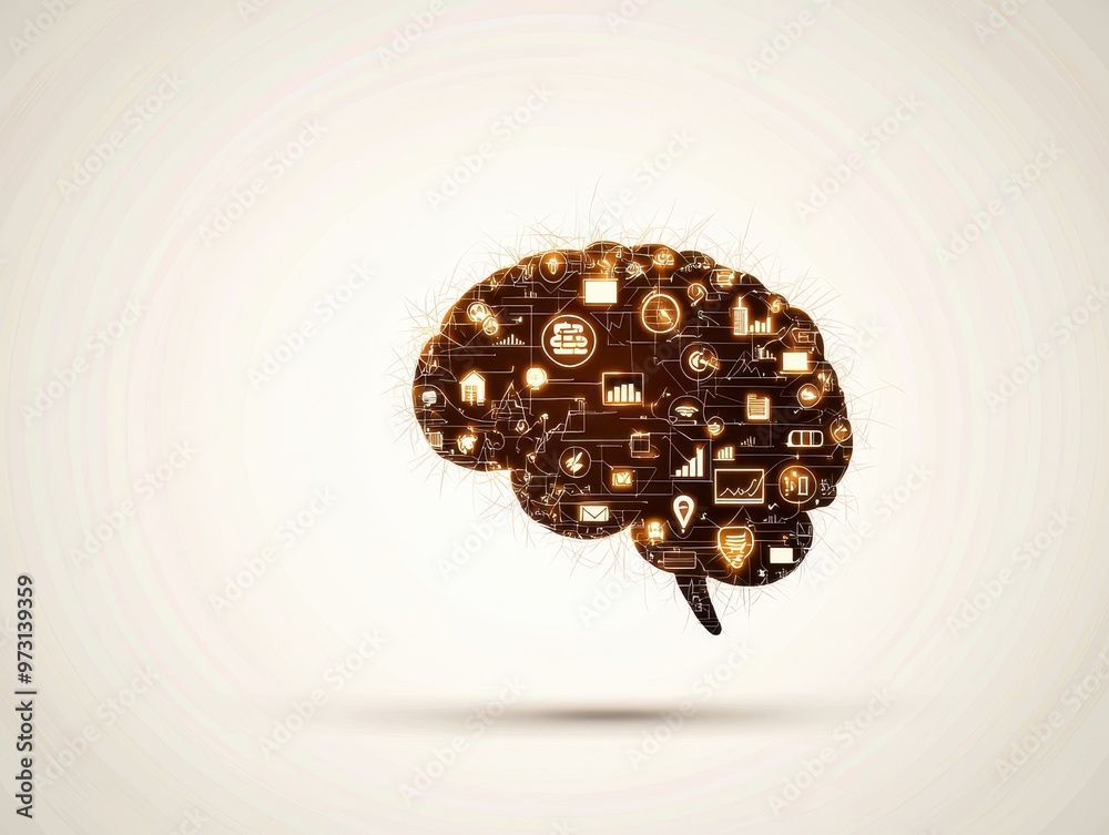 Poster digital brain concept with technology icons and symbols, representing ai, innovation, and the future