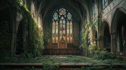 Fototapeta premium An overgrown, abandoned church interior with stained glass windows and lush greenery.
