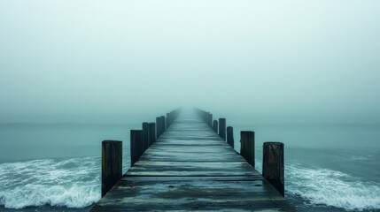 Fototapeta premium Solitude on a Foggy Pier: Tranquil Ocean Scene with Waves Crashing in Distance