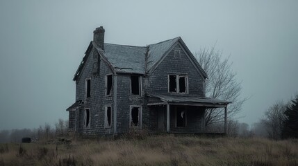 Eerie Abandoned House with Broken Windows in Gloomy Atmosphere