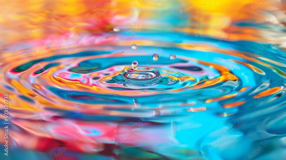 Poster macro photo of water ripples on a surface with dynamic, vibrant colors reflecting an energetic and v