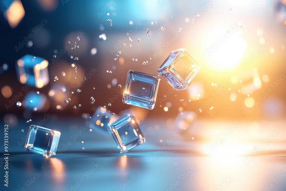 Fototapete Glowing abstract scene with floating crystal cubes against a vibrant background, capturing light and motion in a mesmerizing visual.