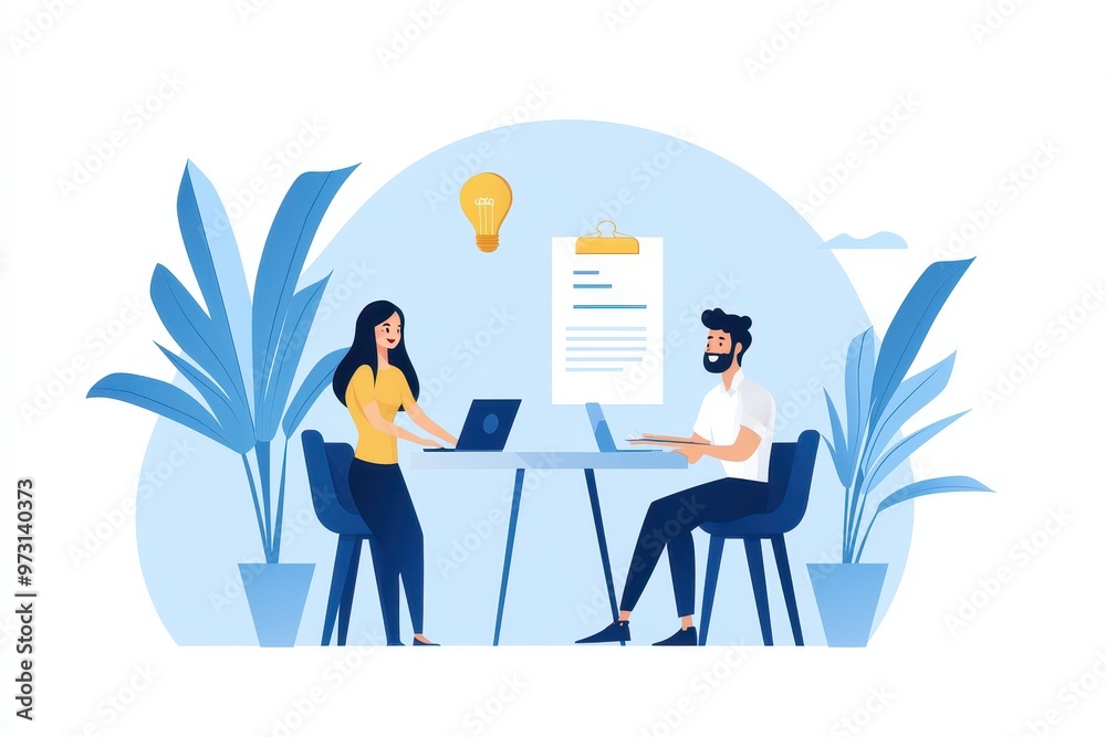 Poster illustration of two people collaborating in a modern office setting with plants and a clipboard, sym