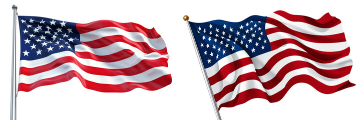 Set of a American flag waving in the wind, isolated on a transparent background.