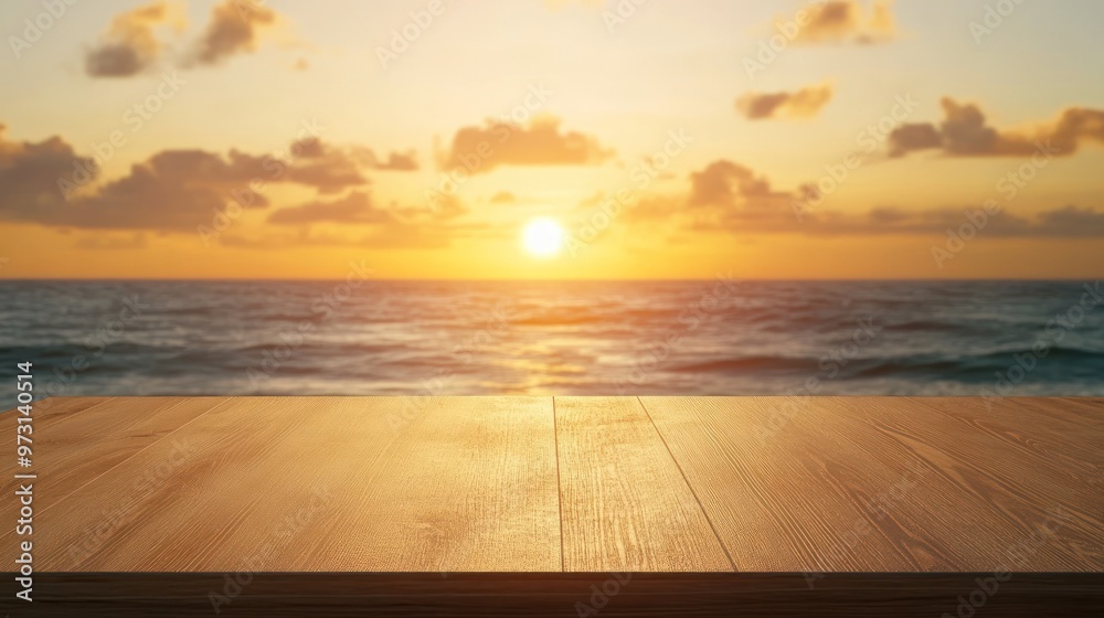 Poster A serene sunset over the ocean, viewed from a wooden surface.