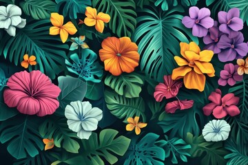 Lush Tropical Foliage with Vibrant Flowers