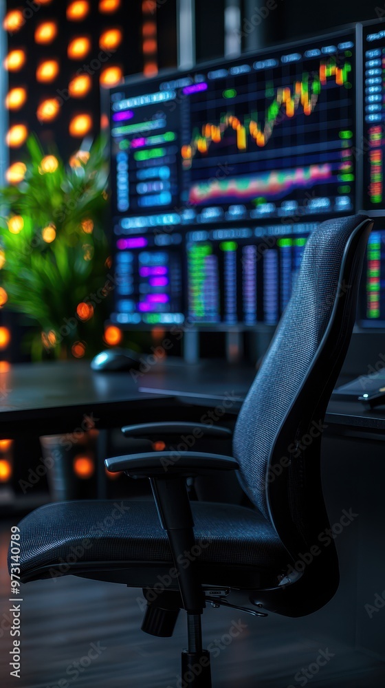 Aufkleber modern office chair in front of a multi-screen setup displaying stock market charts with vibrant lig