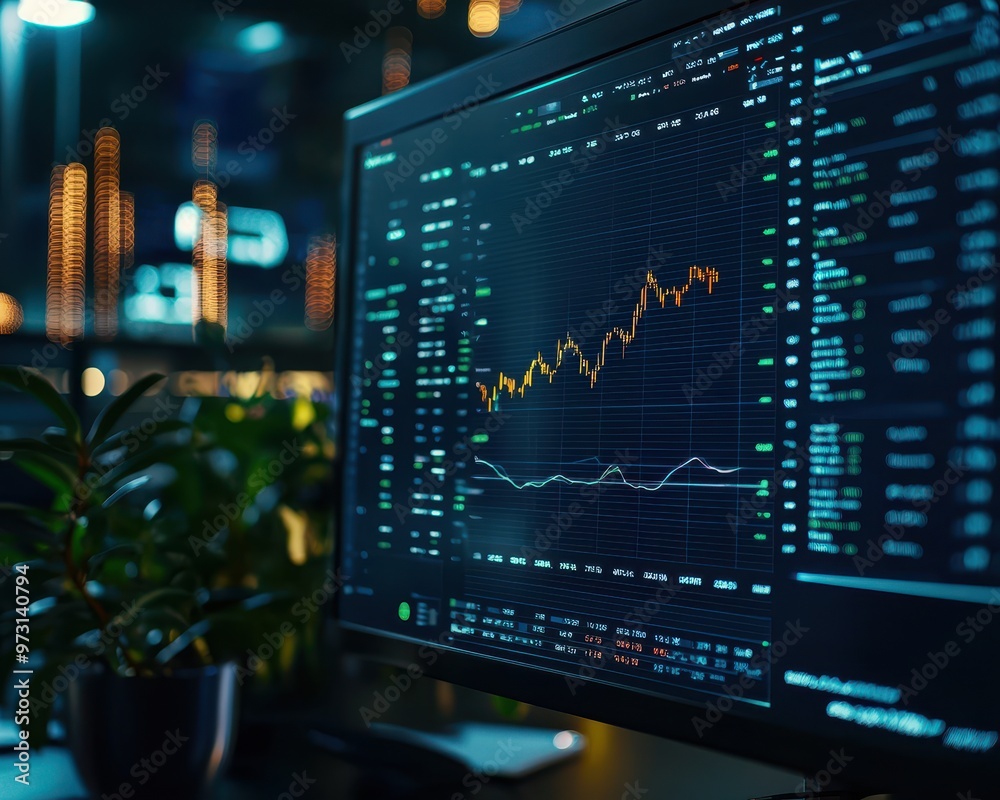 Fototapete modern office with a computer screen displaying stock market data charts; financial analysis and tra