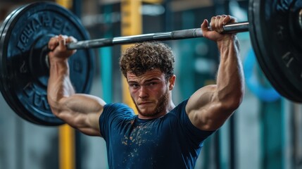 Naklejka premium A muscular individual lifting a barbell in a gym setting, showcasing strength training.