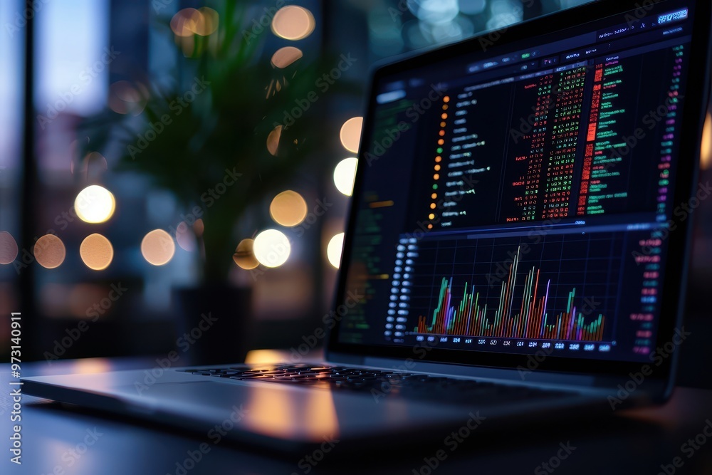 Leinwandbilder Open laptop displaying stock market data and financial graphs in a modern workspace with bokeh lights and a potted plant.