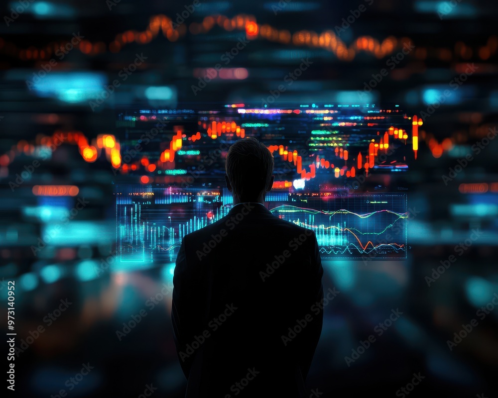 Fototapete silhouette of a man analyzing stock market data on a futuristic digital screen, displaying graphs an