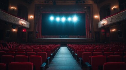 A theater stage illuminated by bright lights, with empty red seats facing the performance area.