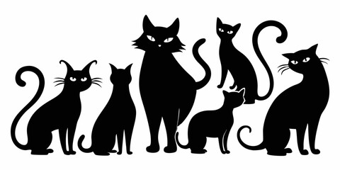 A collection of six black cats in various poses,  perfect for adding a touch of feline fun to your projects.  These  silhouettes are ideal for  illustrations,  designs,  and  more.