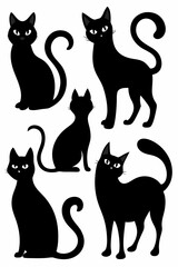 A set of five black cat silhouettes in different poses, perfect for adding a touch of whimsy and charm to your designs. These versatile graphics can be used for Halloween decorations.