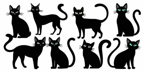 A set of eight black cat silhouettes, each in a different pose, perfect for adding a touch of whimsy to your designs. These versatile illustrations are ideal for Halloween projects.