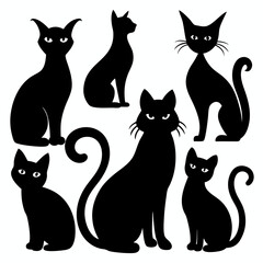 Six black cat silhouettes, each in a different pose, offering a versatile set for design projects, illustrations, or creating playful patterns.