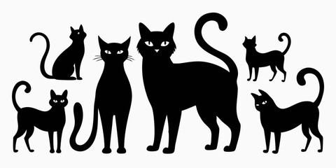 A collection of six black cat silhouettes in different poses, perfect for adding a touch of whimsy and charm to your designs. These versatile images are ideal for Halloween projects.