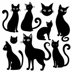 A set of nine black cat silhouettes in various poses, perfect for adding a touch of playful whimsy to your designs. These simple yet stylish graphics are ideal for Halloween projects.