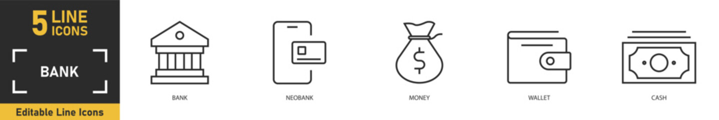 Bank line icon set. Set of 5 outline icons related to bank, neobank, money, wallet, cash and more. Vector illustration.