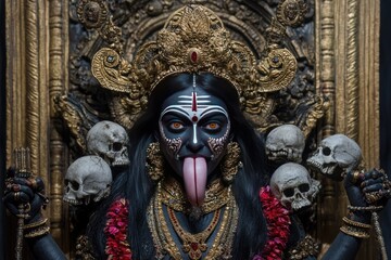 Obraz premium Kali Ma with her fierce tongue and necklace of skulls, symbolizing destruction of evil