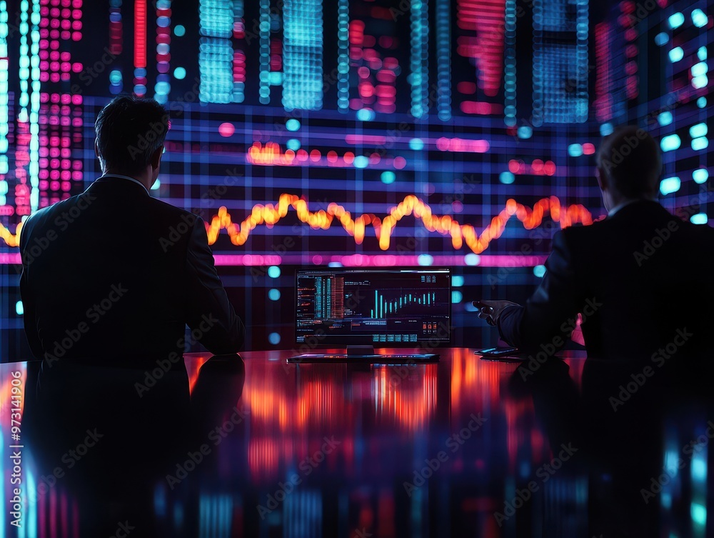 Aufkleber two businessmen analyzing stock market data on screens with colorful charts and graphs in a dark off