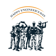 Silhouette of people with arms raised. Group of Engineers and Workers vector illustration. Happy Engineer's Day, International Workers' Day logo