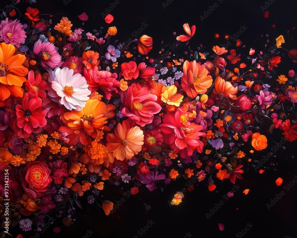 Poster vibrant floral explosion with multicolored flowers on a dark background, creating a stunning visual 