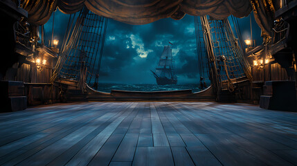 Fototapeta premium Empty pirate ship deck background for theater stage scene. Pirate Ship. Illustration