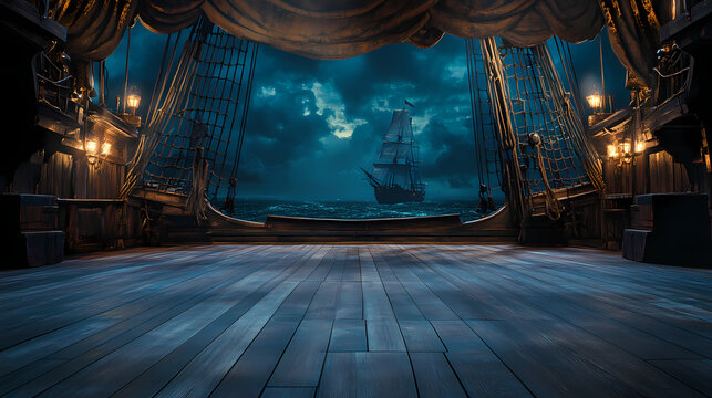 Empty pirate ship deck background for theater stage scene. Pirate Ship. Illustration