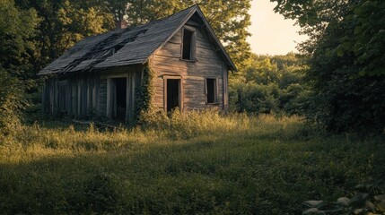 Obraz premium An abandoned wooden house surrounded by overgrown grass and trees in a serene landscape.