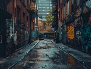 Fototapeta premium A narrow, graffiti-covered alleyway in a city, with a wet pavement and a lone pigeon in the center.