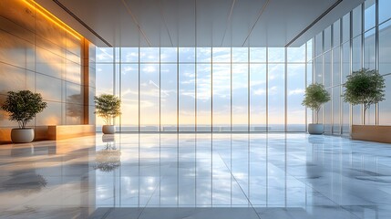 Fototapeta premium Sleek office lobby featuring ample natural light streaming through floor-to-ceiling windows, reflecting off the marble floor.