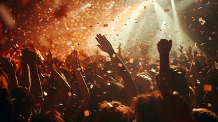 crowd of people celebrating at a concert with lots of lights and shaking