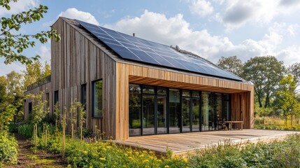 Obraz premium Modern wooden house with solar panels and large glass windows in a natural setting.