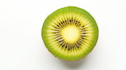 A halved kiwi fruit showcasing its vibrant green flesh and seeds.