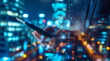 A person is holding a cell phone in a city at night