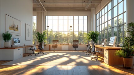 Fototapeta premium Bright and airy office space with natural light enhancing the sleek design of the floor and contemporary workstations.