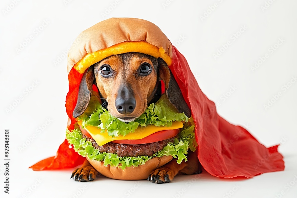 Canvas Prints Dachshund Burger: A dachshund dressed in a burger costume